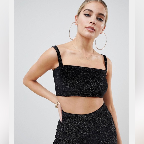 FASHIONKILLA Square Neck Crop Top & Flare Pant Two Piece in Black w/ Glitter - Picture 4 of 16